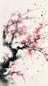 sakura tree painted in expressive brush strokes, East Asian ink style, petals blowing in wind, soft watercolor texture, light pastel pink and black ink.