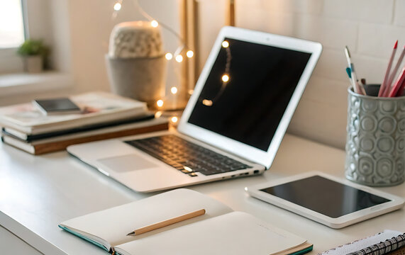 A stylish desk in a trendy aesthetic study style: neatly organized items with a thoughtful composition