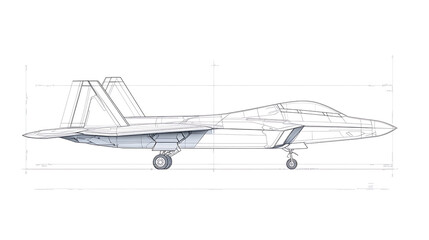 Blueprint of a stealth fighter jet showcasing detailed line art and technical design specifications against a stark white background. Precision engineering on display.
