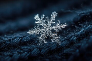 Detailed close-up of a single, intricate snowflake on dark fabric
