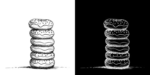 Stack of donuts in chalk drawing style, isolated vector image in two design variants - on transparent and black backgrounds, chalk drawing