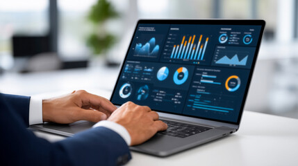 Fototapeta premium Professional man in suit working on laptop with data analytics dashboard, showcasing teamwork and collaboration in a modern office environment with focus on productivity and technology