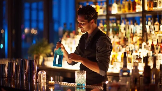 Crafting Cocktails: A skilled bartender expertly crafts a cocktail behind an array of spirits. Experience the art of mixology, blending flavors to create a delicious drink.