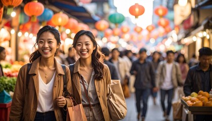 Obraz premium Shopping Spree in Chinatown: Friends Enjoying the Festive Atmosphere