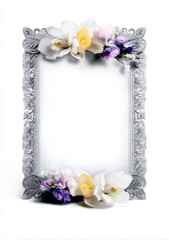 An ornate vintage silver picture frame decorated with flowers.