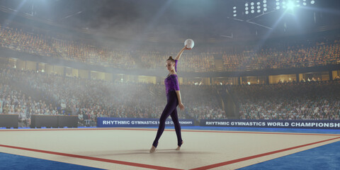 Rhythmic gymnastic girl on professional 3-d gymnastic stadium.