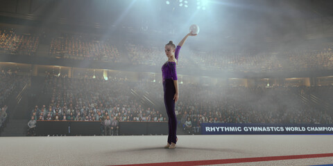 Rhythmic gymnastic girl on professional 3-d gymnastic stadium.