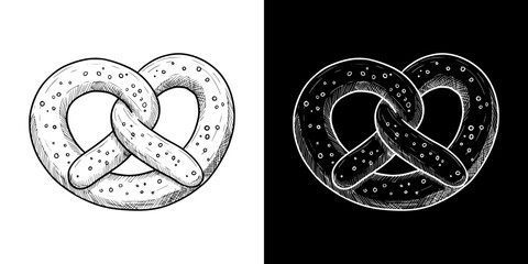 Chalk drawing of pretzel, Isolated vector image in two design variants - on transparent and black backgrounds
