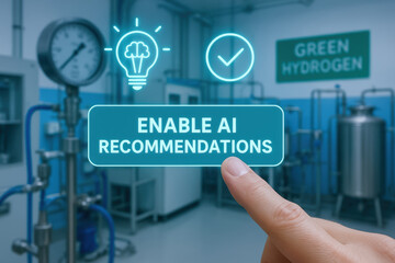 Enable AI recommendations concept with finger pointing in industrial setting focused on green hydrogen technology innovation and progress