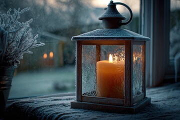 Snowy windowsill lantern with warm candlelight
