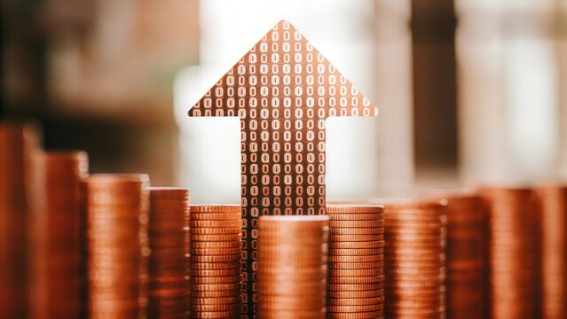 Upward arrow formed by binary code — data-driven stock growth
