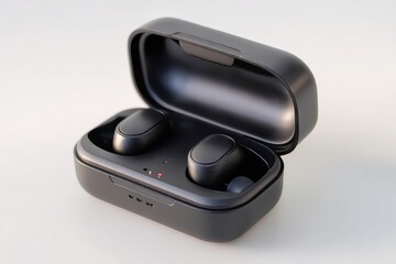 Black earbuds rest in their open charging case, shown on a white surface