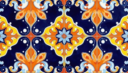 Vibrant illustration traditional Italian ceramic tile pattern with Mediterranean, ethnic folk ornament details. Features intricate blue, yellow, orange floral motifs on dark blue background,