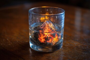 Lit rock in glass of water