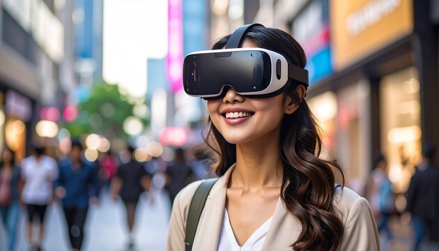 Woman Exploring City with VR Headset