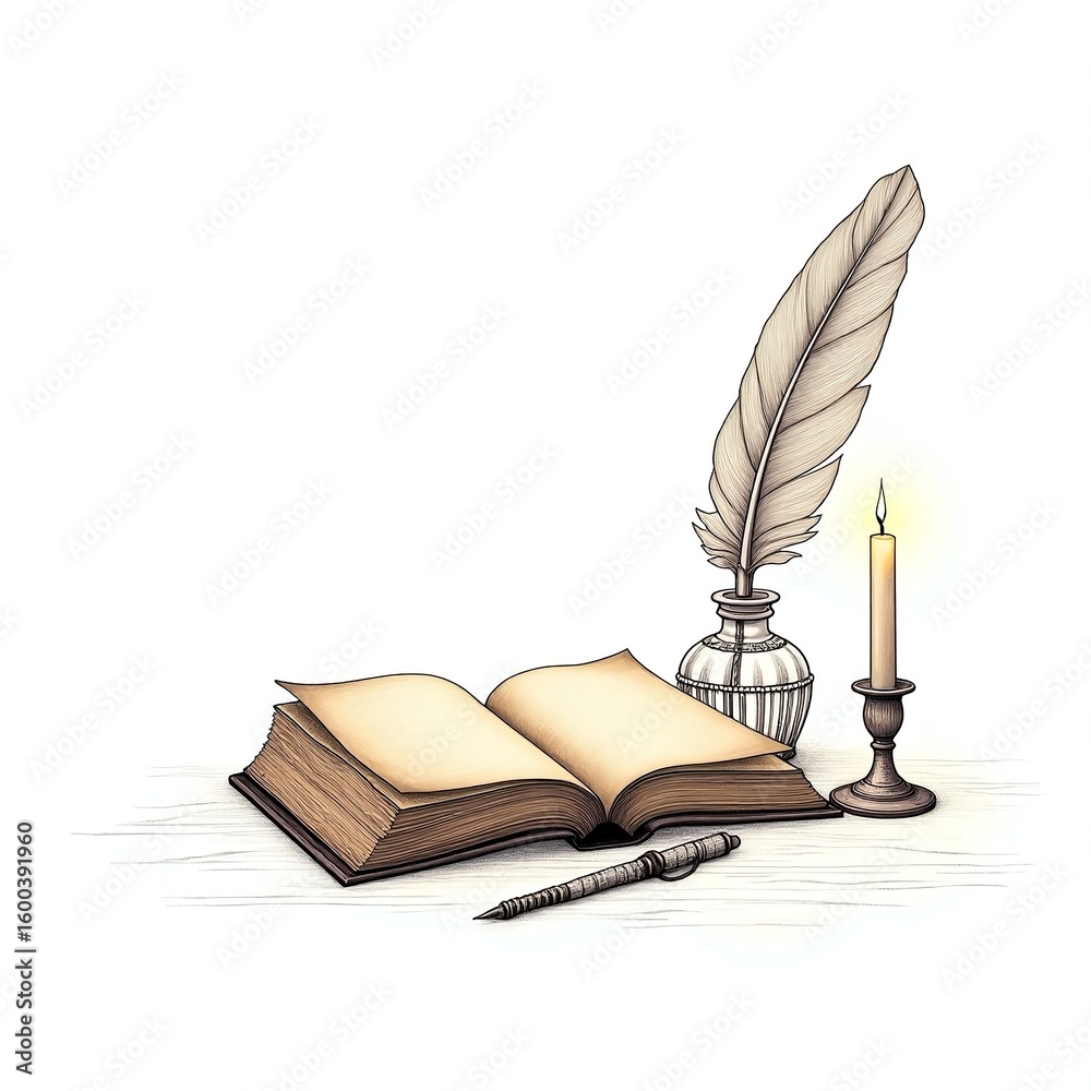 Fototapete old book with feather pen and candle vector line art on copy space white background/ open book and f