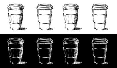 Isolated vector image of coffee cups, two design variants - on transparent and black backgrounds, chalk drawing, image set, seamless border
