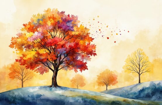 Vibrant oil painting illustration captures autumn tree with colorful leaves blowing in wind. Abstract watercolor landscape background features warm yellow, orange, red, pink hues. Bare trees on hills
