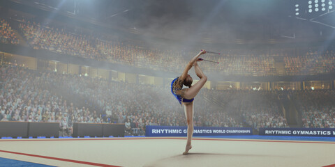 Rhythmic gymnastic girl on professional 3-d gymnastic stadium.