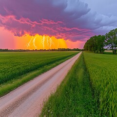 Dramatic lightning strikes illuminate over a green field and dirt road