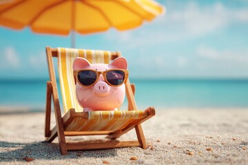 Piggy bank wearing sunglasses relaxing in a yellowstriped beach chair under an umbrella on a sunny beach
