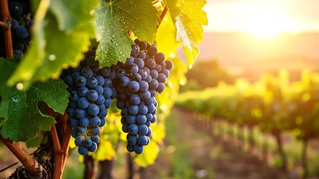 Vineyard view at sunset over vineyards with ripe grapes in the countryside. 4k video