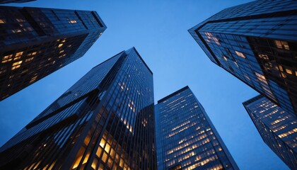Low angle view of glass skyscrapers against clear blue sky. Many windows reflect twilight. Buildings symbolize corporate business, urban city life. High rise towers represent modern construction,