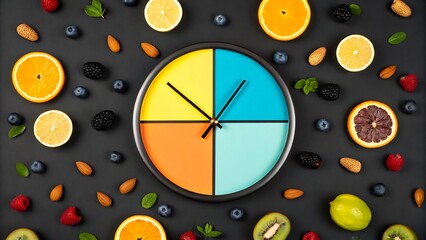 Colorful clock with assorted fruits on black background representing healthy eating time