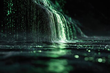 Digital waterfall cascading down dark surface