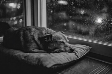 Sleepy dog rests by window at night