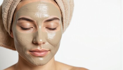 Woman enjoys natural clay face mask for skincare. Relaxing spa treatment promotes rejuvenation and detox. Enjoy pampering with cosmetic benefits for smooth skin.