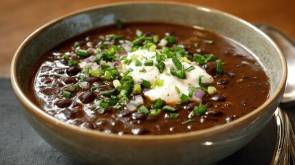 Hearty black bean soup, topped with sour cream and green onions