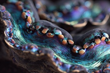 Close-up iridescent shell, dark background