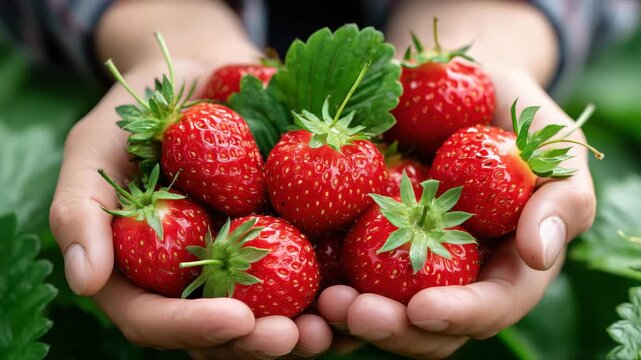 Close-up of a person holding a handful of vibrant red strawberries with green tops. Natural light and garden setting suggest freshness and harvest. Food and nature.