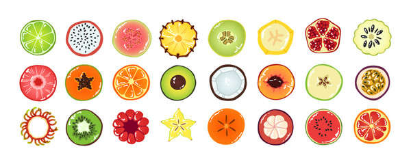 Set of fruit halves. Cut slices of different tropical foods: avocado, banana, orange, pineapple. Round parts, pieces of exotic kiwi, pomegranate. Flat isolated vector illustration on white background