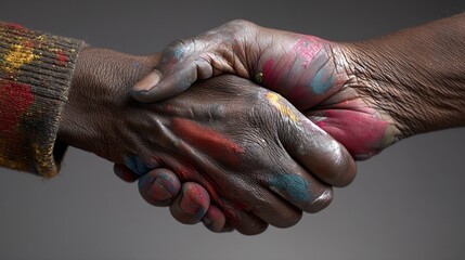 Fototapeta premium Painted Hands Clasped in Unity: A Vibrant Close-Up of Intertwined Artistic Souls