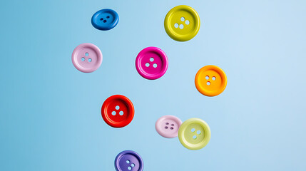 Floating colorful sewing buttons against a soft blue background. Round buttons with holes create a whimsical, playful effect.