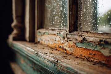 Aged windowsill with peeling paint and rain