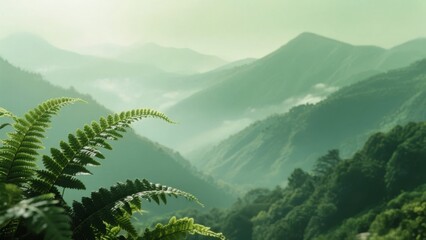 Ferns in the foreground with misty, green mountain valleys in the background