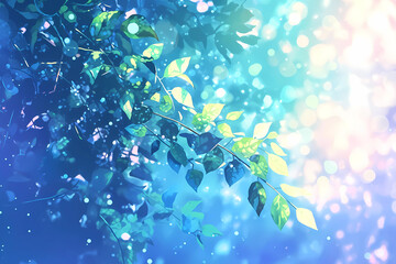葉っぱと水のキラキラした背景素材