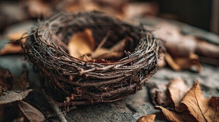 Close-up of a bird's nest amidst autumn leaves
