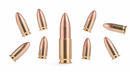 Ammunition Array: A collection of metal bullets with copper tips arranged on a white backdrop, showcasing weaponry and potential danger. Metal casings gleam.