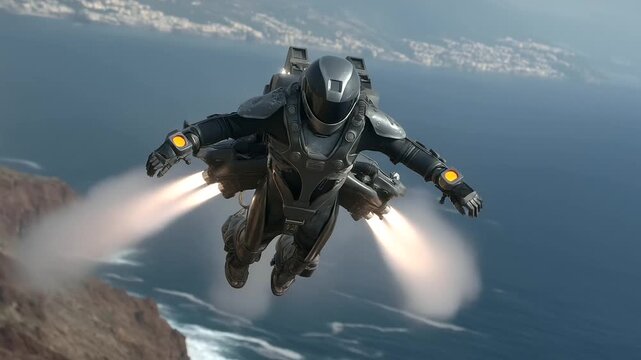 Prototype flying suit testing over ocean cliff with thrusters engaged