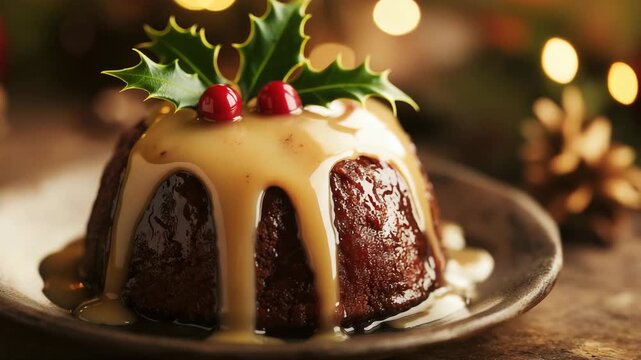 Classic Christmas pudding served with rich custard, decorated with holly on top. Warm lighting creates a festive atmosphere. Traditional sweet dish.