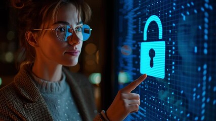Digital Security: A woman with glasses examines a digital padlock. Illuminated technology, highlighting the significance of online protection, with focus on digital safety and data security.