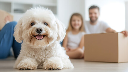 Family moving into new house.  White fluffy dog looking at the camera in front of parents and daughter with a cardboard box.