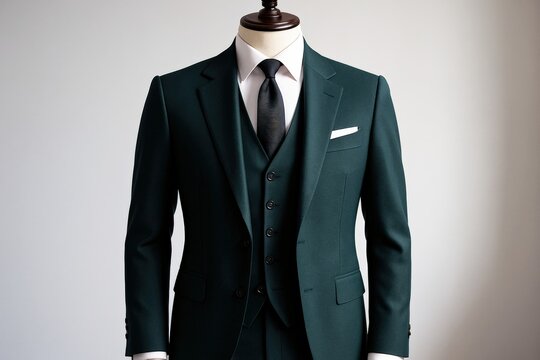 Sophisticated Green Suit Display Presents a three-piece ensemble, ideal for fashion, business, or formal events, exuding modern elegance and sartorial style.