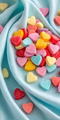 Assorted Colorful Candy Hearts Spread Across Soft Beige Fabric