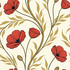 Elegant red poppies and golden leaves seamless pattern on a creamy background