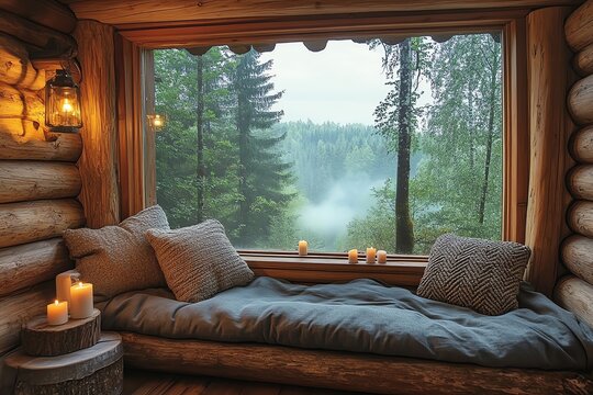 Cozy Cabin Window Seat with Forest View